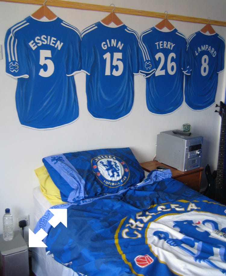 Hand painted football shirts in a Chelsea themed bedroom