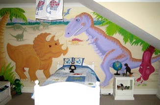 mural of dinosaurs ina child's bedroom